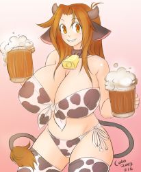 Rule 34 | 1girl, alcohol, animal ears, animal print, bad id, bad tumblr id, bare shoulders, beer, beer mug, bell, neck bell, bikini, borrowed character, breasts, brown eyes, brown hair, collar, colo (nagrolaz), cow ears, cow girl, cow horns, cow print, cow tail, cowbell, cup, ego trigger, front-tie bikini top, front-tie top, highres, horns, huge breasts, long hair, mattie (ego trigger), mug, original, side-tie bikini bottom, smile, solo, swimsuit, tail, tankard, thighhighs