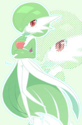 Rule 34 | 1girl, artist name, blue outline, blush, blush stickers, bob cut, closed mouth, colored skin, creatures (company), female focus, flat chest, full body, game freak, gardevoir, gen 3 pokemon, green background, green hair, green skin, hair over one eye, hand on own chest, hands up, happy, knees together feet apart, leg up, looking at viewer, multicolored skin, negoya, nintendo, one eye covered, outline, pokemon, pokemon (creature), red eyes, short hair, signature, smile, solo, standing, standing on one leg, two-tone skin, white outline, white skin, zoom layer