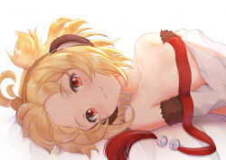 Rule 34 | 1girl, andira (granblue fantasy), animal ears, bare shoulders, bed sheet, blonde hair, blush, breast hold, breasts, bridal gauntlets, diadem, erune, fur trim, granblue fantasy, highres, kimblee, looking at viewer, lying, monkey ears, monkey girl, on bed, on side, red eyes, short hair, small breasts, smile, solo, topless, twintails
