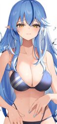 Rule 34 | 1girl, bare shoulders, bikini, black bikini, blue hair, blue nails, blush, breasts, cleavage, collarbone, colored tips, crossed bangs, double-parted bangs, hair between eyes, hair ornament, highres, hololive, large breasts, long hair, looking at viewer, multicolored hair, navel, pointy ears, solo, streaked hair, swimsuit, thomas 8000, virtual youtuber, white background, yellow eyes, yukihana lamy