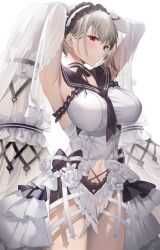Rule 34 | 1girl, armpits, azur lane, breasts, closed mouth, clothing cutout, commentary request, dress, evening gown, formidable (azur lane), formidable (timeless classics) (azur lane), grey hair, highres, large breasts, legs together, long hair, looking at viewer, navel, navel cutout, official alternate costume, red eyes, sg (satoumogumogu), sidelocks, simple background, solo, standing, sweat, twintails, very long hair, white background, white dress