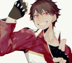 Rule 34 | 10s, 1boy, black gloves, brown hair, clenched hand, collarbone, ensemble stars!, fingerless gloves, gloves, grin, jacket, looking at viewer, male focus, morisawa chiaki, red eyes, salute, sidu (dsd kgn), simple background, smile, solo, two-finger salute, upper body