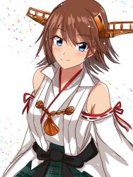 Rule 34 | 1girl, bare shoulders, blue eyes, brown hair, detached sleeves, flipped hair, gold hairband, green skirt, hairband, headgear, hiei (kancolle), hiei kai ni (kancolle), highres, japanese clothes, kantai collection, nontraditional miko, plaid, plaid skirt, pleated skirt, popped collar, ribbon-trimmed sleeves, ribbon trim, roko roko (doradorazz), short hair, skirt, smile, solo, upper body