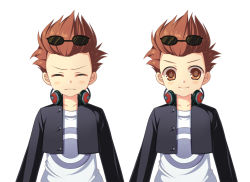 Rule 34 | 00s, 1boy, ^ ^, ayamisiro, brown eyes, brown hair, clone, closed eyes, contemporary, dual persona, expressions, closed eyes, frown, headphones, jacket, karol capel, male focus, official alternate costume, shirt, smile, sunglasses, tales of (series), tales of vesperia, white background