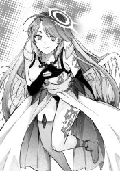 Rule 34 | 1girl, angel wings, artist request, asymmetrical legwear, closed mouth, commentary request, spiked halo, crop top, cross, feathered wings, gloves, greyscale, halo, highres, jibril (no game no life), long hair, low wings, magic circle, midriff, mismatched legwear, monochrome, navel, no game no life, solo, symbol-shaped pupils, tattoo, very long hair, wing ears, wings