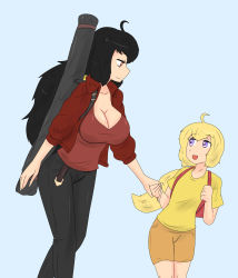 Rule 34 | 2girls, age difference, aged down, ahoge, backpack, bag, belt, black hair, black pants, blonde hair, blue background, breasts, carrying, carrying bag, child, cleavage, closed mouth, collarbone, eye contact, facing another, happy, height difference, highres, holding hands, jacket, large breasts, long hair, looking at another, looking down, looking up, mature female, mother and daughter, multiple girls, open mouth, orange shorts, pants, parent and child, purple eyes, raven branwen, red eyes, red jacket, red shirt, rwby, shirt, short sleeves, shorts, simple background, smile, t-shirt, tagme, tongue, walking, yang xiao long, yellow shirt