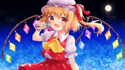 Rule 34 | 1girl, arm up, ascot, blonde hair, crystal, fang, flandre scarlet, full moon, gradient sky, hair between eyes, hat, hat ribbon, highres, holding, holding microphone, kurumi lm, looking at viewer, microphone, mob cap, moon, nebula, night, night sky, open mouth, puffy short sleeves, puffy sleeves, red eyes, red skirt, red vest, ribbon, shirt, short hair, short sleeves, side ponytail, skin fang, skirt, sky, solo, standing, star (sky), starry sky, touhou, upper body, vest, white hat, white shirt, wings, wrist cuffs, yellow ascot