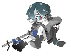 Rule 34 | 1boy, arknights, black footwear, black jacket, blue eyes, blue hair, boots, faust (arknights), grey sweater, highres, holding, holding weapon, jacket, long sleeves, looking to the side, nintendo, octoling, octoling boy, octoling player character, pants, red pupils, simple background, south ac, splatoon (series), sweater, tentacle hair, weapon, white background, white pants