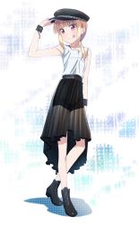 Rule 34 | 1girl, :q, armpits, black footwear, black hat, black shorts, black skirt, blonde hair, boots, collarbone, full body, hat, highres, iijima yun, long hair, new game!, ponytail, red eyes, see-through, see-through skirt, shirt, short shorts, shorts, shorts under skirt, sidelocks, skirt, sleeveless, sleeveless shirt, solo, standing, tongue, tongue out, white background, white shirt, wrist cuffs