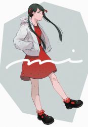 Rule 34 | 1girl, absurdres, black eyes, black hair, closed mouth, dress, frilled socks, frills, full body, hair ribbon, hands in pockets, highres, hood, hooded jacket, jacket, kantai collection, long hair, low twintails, mikuma (kancolle), polka dot, red dress, red ribbon, red socks, ribbon, shoes, simple background, smile, socks, solo, twintails, white jacket, zippo teifujou
