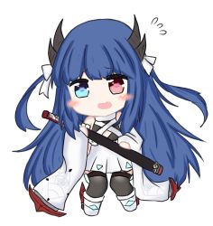 Rule 34 | 1girl, azur lane, bailingxiao jiu, bare shoulders, black thighhighs, blue eyes, blue hair, blush stickers, bow, chibi, detached sleeves, dress, fang, flying sweatdrops, full body, hair bow, heart, heart-shaped pupils, heterochromia, holding, holding sheath, horns, ibuki (azur lane), katana, long hair, long sleeves, looking at viewer, open mouth, pleated dress, red eyes, sheath, sheathed, simple background, solo, standing, sword, symbol-shaped pupils, thighhighs, two side up, very long hair, weapon, white background, white bow, white dress, white footwear, wide sleeves