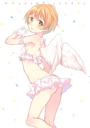 Rule 34 | 10s, 1girl, angel wings, ass, bad id, bad pixiv id, bare shoulders, bow, bra, breasts, character name, frilled bra, frills, gloves, happy birthday, highres, hoshizora rin, looking at viewer, love live!, love live! school idol project, miniskirt, nerunnn, open mouth, orange hair, short hair, skirt, small breasts, solo, underwear, white gloves, wings, yellow eyes
