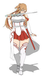Rule 34 | 10s, 1girl, armor, asuna (sao), bare shoulders, blush, braid, breasts, brown eyes, brown hair, curvy, elbow gloves, female focus, floating hair, full body, gloves, highres, legs, long hair, plate armor, shoes, simple background, skirt, solo, standing, sword, sword art online, thighhighs, thighs, weapon, white background