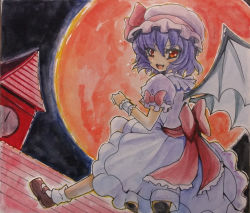Rule 34 | 1girl, bat wings, blue hair, bow, dress, fang, hat, hat bow, loafers, loose socks, moon, red eyes, red moon, remilia scarlet, sash, scan, shoes, short hair, smile, socks, solo, touhou, traditional media, watercolor pencil (medium), wings, wristband, yagami (mukage)