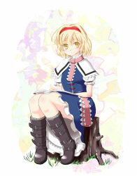 Rule 34 | 1girl, alice margatroid, book, boots, buckle, capelet, dress, female focus, hairband, highres, long hair, shiina excel, short hair, sitting, solo, touhou, yellow eyes