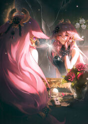 Rule 34 | 1girl, animal ears, bare shoulders, black dress, blood, blood on face, blood on hands, breasts, commentary, crack, dress, flower, fox ears, from behind, genshin impact, grin, hand up, highres, large breasts, long hair, looking at viewer, mirror, pink hair, purple eyes, red flower, red rose, reflection, rose, sleeveless, sleeveless dress, smile, very long hair, yae miko, zieru