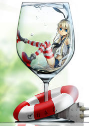 Rule 34 | 10s, 1girl, absurdres, anchor, black panties, blonde hair, bubble, cup, drinking glass, elbow gloves, gloves, hairband, highres, innertube, kantai collection, long hair, looking at viewer, navel, panties, personification, ray neko-san, reflection, rensouhou-chan, shimakaze (kancolle), skirt, solo, striped clothes, striped thighhighs, swim ring, thighhighs, underwater, underwear, white gloves