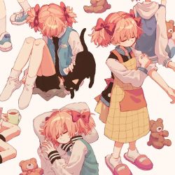 Rule 34 | 1girl, animal, apron, barefoot, beige background, bike shorts, black cat, blue footwear, bow, cat, closed mouth, cup, drink, closed eyes, from side, hair bow, hair ornament, highres, hood, hood down, hooded jacket, jacket, ka (marukogedago), long sleeves, lying, mug, multiple views, muted color, no shoes, on side, open clothes, open jacket, original, pillow, shoelaces, shoes, short hair, short twintails, simple background, sitting, sleeping, sleeves rolled up, slippers, sneakers, socks, standing, stuffed animal, stuffed toy, teddy bear, twintails, yokozuwari