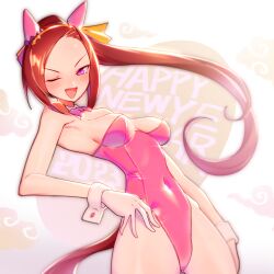 Rule 34 | 1girl, 2023, animal ears, bare legs, bow, bowtie, breasts, brown hair, chinese zodiac, collar, commentary, covered navel, cowboy shot, detached collar, ear covers, english text, hair ribbon, hand on own hip, happy new year, horse ears, horse girl, horse tail, leotard, long hair, looking at viewer, medium breasts, nengajou, new year, one eye closed, open mouth, pink bow, pink bowtie, pink eyes, pink leotard, playboy bunny, ponytail, ribbon, sabum, sakura bakushin o (umamusume), shiny clothes, smile, solo, standing, tail, umamusume, white collar, wrist cuffs, year of the rabbit, yellow ribbon