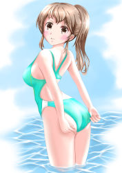 Rule 34 | 1girl, adjusting clothes, adjusting swimsuit, ass, back cutout, bare shoulders, blush, breasts, brown eyes, brown hair, character cutout, clothing cutout, competition swimsuit, eyebrows, eyelashes, female focus, legs together, long hair, looking at viewer, mashinatsu, medium breasts, ocean, one-piece swimsuit, original, outdoors, parted lips, ponytail, reiji-sss, sidelocks, smile, solo, standing, swimsuit