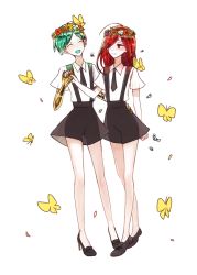 Rule 34 | 2others, ahoge, androgynous, artist request, bug, butterfly, closed eyes, eyes visible through hair, flower, full body, gem uniform (houseki no kuni), golden arms, green hair, hair over one eye, holding hands, hand on another&#039;s hip, head wreath, high heels, highres, houseki no kuni, bug, multiple others, nail polish, necktie, phosphophyllite, red eyes, red hair, cinnabar (houseki no kuni), short hair, smile, sparkle, spoilers, suspenders, white background