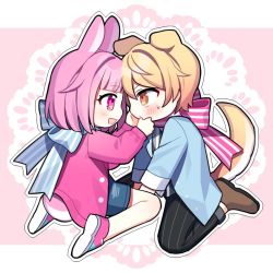 Rule 34 | 1boy, 1girl, animal ears, black pants, blonde hair, blue bow, blue jacket, blue shorts, blush, bow, bowtie, brown footwear, chibi, commentary request, hands on another&#039;s face, hetero, jacket, long sleeves, looking at another, ootori emu, orange eyes, pants, pink background, pink bow, pink eyes, pink footwear, pink hair, pink jacket, pinstripe pants, pinstripe pattern, profile, project sekai, rabbit ears, rabbit girl, rabbit tail, short hair, shorts, sidelocks, sitting, striped, sweat, tail, waka (wk4444), wariza