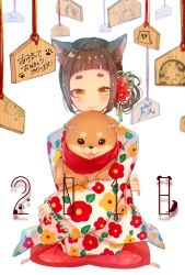 Rule 34 | 1girl, 2018, :3, animal, animal ears, animal hug, blush, brown hair, commentary request, cushion, dog, dog ears, ema, fingernails, floral print, flower, hair flower, hair ornament, highres, japanese clothes, kimono, long sleeves, looking at viewer, multicolored nails, nail polish, original, print kimono, red flower, red nails, seiza, simple background, sitting, smile, sofra, solo, thick eyebrows, white background, white kimono, wide sleeves, yellow eyes, yellow nails, zabuton