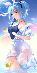 Rule 34 | 1girl, animal ears, blue hair, blue one-piece swimsuit, blue ribbon, blue sky, chiyingzai, cloud, commentary request, dress, fake animal ears, hair between eyes, hair ribbon, highres, hololive, kneeling, looking at viewer, mouth hold, no shoes, off shoulder, one-piece swimsuit, outdoors, puffy short sleeves, puffy sleeves, rabbit ears, red eyes, ribbon, school swimsuit, see-through, shallow water, short eyebrows, short sleeves, sky, socks, solo, swimsuit, swimsuit under clothes, thick eyebrows, two side up, usada pekora, usada pekora (casual), virtual youtuber, water, wet, wet clothes, wet dress, white dress, white socks