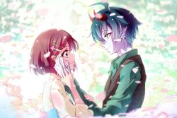 Rule 34 | 1boy, 1girl, ahoge, black hair, black vest, blouse, blush, brown hair, cherry blossoms, closed mouth, collared shirt, couple, daruizen, earrings, eye contact, from side, green shirt, hair ornament, hairclip, hanadera nodoka, hand on another&#039;s cheek, hand on another&#039;s face, hand on hand, healin&#039; good precure, hetero, horns, jewelry, kyoutsuugengo, long sleeves, looking at another, pointy ears, precure, profile, shirt, short hair, smile, spring (season), vest, white shirt, wing collar, yellow eyes