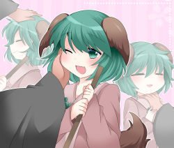 Rule 34 | 1girl, animal ears, bad id, bad pixiv id, closed eyes, commentary request, dress, fang, green eyes, green hair, hammer (sunset beach), hand in own hair, hand on another&#039;s chin, hand on another&#039;s head, head pat, headpat, kasodani kyouko, one eye closed, open mouth, pink dress, pov, pov hands, smile, stroking another&#039;s chin, tail, touhou, wink