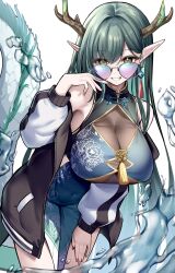 Rule 34 | 1girl, breasts, chinese clothes, dragon girl, dragon horns, dragon tail, earrings, glasses, grey hair, gu luco, highres, horns, jacket, jewelry, large breasts, long hair, long sleeves, looking at viewer, open clothes, open jacket, original, pointy ears, smile, solo, sunglasses, tail, white background, yellow eyes
