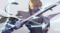 Rule 34 | 1boy, arc system works, black shirt, blonde hair, blue eyes, blue gloves, cowboy shot, cross, fingerless gloves, gloves, guilty gear, guilty gear strive, highres, holding, holding weapon, jacket, ky kiske, lightning, looking to the side, male focus, pectoral cleavage, pectorals, serious, shadow, shirt, short hair, simple background, solo, sword, uncle rabbit ii, weapon, white jacket