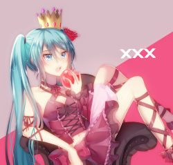 Rule 34 | 1girl, apple, arm ribbon, aryuma772, blue eyes, blue hair, breasts, bustier, cleavage, collarbone, criss-cross halter, crown, flower, food, frilled skirt, frills, fruit, hair between eyes, halterneck, hatsune miku, highres, holding, holding food, holding fruit, layered skirt, leg ribbon, long hair, midriff, mini crown, miniskirt, navel, open mouth, purple skirt, red apple, red flower, red rose, ribbon, rose, sitting, skirt, small breasts, solo, stomach, twintails, very long hair, vocaloid
