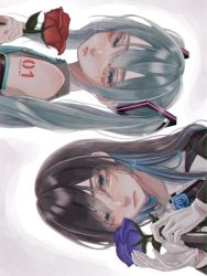 Rule 34 | 2girls, ado (utaite), aqua eyes, aqua hair, aqua necktie, bare shoulders, black hair, blouse, blue eyes, blue flower, blue rose, blush, bolo tie, chando (ado), colored eyelashes, colored inner hair, detached sleeves, eyelashes, flower, gloves, half-closed eyes, hatsune miku, highres, holding, holding flower, lips, looking at viewer, looking to the side, multicolored hair, multiple girls, necktie, number tattoo, pale skin, parted lips, pink lips, real life, red flower, red rose, rose, rotational symmetry, shirt, shoulder tattoo, sideways, sleeveless, sleeveless shirt, streaked hair, tattoo, tie clip, turning head, twintails, utaite, vocaloid, white gloves, yurosuke