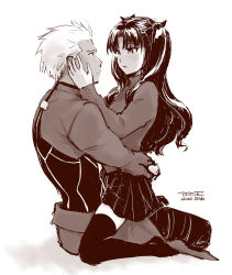 Rule 34 | 1boy, 1girl, archer (fate), arm around waist, artist name, black hair, black skirt, black thighhighs, dark-skinned male, dark skin, eye contact, fate/stay night, fate (series), full body, hair ornament, hair ribbon, hand on another&#039;s face, hands on another&#039;s face, highres, long hair, looking at another, manly, miniskirt, monochrome, pleated skirt, ribbon, sepia, simple background, sitting, sitting on lap, sitting on person, skirt, straddling, thighhighs, tohsaka rin, toyoyuki, turtleneck, twintails, two side up, upright straddle, white background, white hair, zettai ryouiki