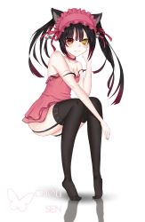 Rule 34 | 1girl, animal ears, bare shoulders, bell, black hair, black thighhighs, blush, breasts, cat ears, cleavage, clock eyes, collar, collarbone, date a live, dress, full body, garter straps, hairband, hand on own cheek, hand on own face, head rest, heterochromia, highres, lolita hairband, long hair, looking at viewer, nail polish, red dress, red eyes, red nails, simple background, sitting, small breasts, smile, solo, spaghetti strap, strap slip, symbol-shaped pupils, thighhighs, tiptoes, tokisaki kurumi, twintails, white background, yellow eyes