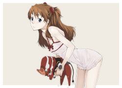 Rule 34 | 00s, 1girl, :|, bare shoulders, beige background, blue eyes, blush, bow, breasts, brown hair, cable, camisole, chemise, chibi, cleavage, closed mouth, cowboy shot, electric plug, eva 02, evangelion: 2.0 you can (not) advance, frills, from side, hair ornament, hair over shoulder, holding, lace, leaning forward, lingerie, long hair, looking at viewer, mecha, motion lines, mura (kanojo no oukoku), neon genesis evangelion, outside border, rebuild of evangelion, red bow, ribbon, robot, simple background, small breasts, souryuu asuka langley, stuffed toy, twintails, two side up, underwear, underwear only