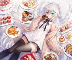 Rule 34 | 1girl, absurdres, black thighhighs, breasts, brown cardigan, butter, cake, candy, cardigan, chabaneko, cherry, cookie, cupcake, doughnut, dress, food, food request, fruit, fruit tart, green eyes, highres, holding, holding food, long hair, lying, macaron, medium breasts, off shoulder, on back, open cardigan, open clothes, original, pancake, pastry, pillow, plate, pudding, short dress, short shorts, shorts, sleeveless, sleeveless dress, souffle pancake, strawberry, strawberry tart, sweets, swiss roll, syrup, tart (food), thighhighs, thumbprint cookie, very long hair, waffle, white dress, white hair