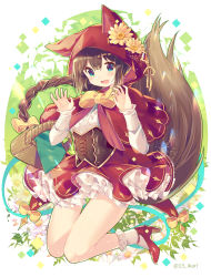 Rule 34 | 1girl, :d, absurdres, animal ears, animal hood, basket, blue eyes, blush, bobby socks, bow, braid, brown hair, capelet, center frills, commentary request, fake animal ears, fang, flower, frills, full body, hair between eyes, hair bow, hand up, high heels, highres, hood, hood down, hooded capelet, ikari (aor3507), long hair, long sleeves, open mouth, orange flower, original, red capelet, red footwear, red skirt, ribbon, shirt, shoes, single braid, skirt, sleeves past wrists, smile, socks, solo, tail, tail raised, twintails, underbust, very long hair, white flower, white shirt, white socks, wolf ears, wolf tail, yellow bow, yellow ribbon