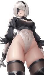 Rule 34 | 1girl, 2b (nier:automata), absurdres, black blindfold, black hairband, black thighhighs, blindfold, bob cut, boots, breasts, cleavage cutout, closed mouth, clothing cutout, covered navel, curvy, feather-trimmed sleeves, from below, gloves, gluteal fold, grey hair, groin, hairband, highleg, highleg leotard, highres, holding, holding sword, holding weapon, juliet sleeves, katana, kurone rinka, leotard, long sleeves, medium breasts, mole, mole under mouth, nier:automata, nier (series), puffy sleeves, revision, shiny skin, short hair, simple background, skindentation, solo, sword, thigh boots, thighhighs, thighhighs under boots, thighs, thong leotard, weapon, white background, white hair, white leotard, wide hips