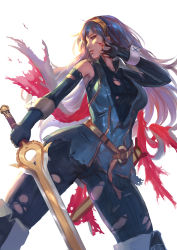 Rule 34 | 1girl, alternate breast size, armor, blue eyes, blue hair, breasts, cape, cglas, falchion (fire emblem), fingerless gloves, fire emblem, fire emblem awakening, gloves, long hair, lucina (fire emblem), medium breasts, nintendo, parted lips, simple background, solo, standing, sword, tiara, torn clothes, weapon