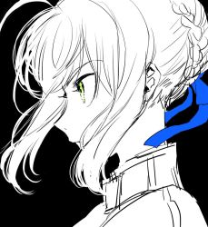 Rule 34 | 1girl, ahoge, artoria pendragon (all), artoria pendragon (fate), black background, blue ribbon, braid, closed mouth, fate/stay night, fate (series), from side, green eyes, greyscale, hair ribbon, highres, monochrome, ribbon, saber (fate), short hair, sidelocks, simple background, solo, spot color, takashi (onikukku), upper body