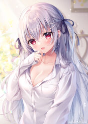 Rule 34 | 1girl, :d, black ribbon, blurry, blurry background, blush, breasts, cleavage, collarbone, collared shirt, commentary request, depth of field, dress shirt, fang, grey hair, hair between eyes, hair ornament, hair ribbon, hairclip, hand up, head tilt, long hair, long sleeves, looking at viewer, medium breasts, mitsuba choco, open mouth, original, red eyes, ribbon, shirt, sleeves past wrists, smile, solo, two side up, very long hair
