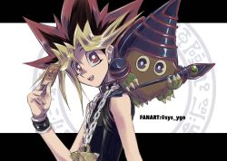 Rule 34 | 1boy, :d, black shirt, blonde hair, bright pupils, brown hair, chain, chain necklace, commentary request, duel monster, dyed bangs, hand up, highres, jewelry, kuriboh, male focus, millennium puzzle, muto yugi, necklace, open mouth, red eyes, red hair, shirt, sleeveless, sleeveless shirt, smile, soya (sys ygo), spiked hair, teeth, tongue, twitter username, upper teeth only, white pupils, yu-gi-oh!