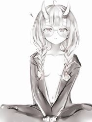 Rule 34 | 1girl, ?, absurdres, ahoge, blunt bangs, blush, braid, breasts, collarbone, covered navel, dot nose, glasses, greyscale, highres, hololive, horn ornament, horn ribbon, horns, jacket, long hair, long sleeves, looking at viewer, low twin braids, monochrome, naked jacket, nakiri ayame, nakiri ayame (7th costume), nakiri ayame (off-work), nanashi (nlo), no bra, official alternate costume, official alternate hairstyle, open clothes, open jacket, pants, parted lips, ribbon, round eyewear, sitting, sketch, small breasts, solo, teardrop-framed glasses, twin braids, v arms, virtual youtuber