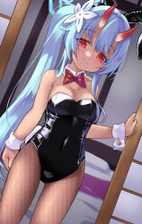 Rule 34 | 1girl, animal ears, bed, blue archive, blue hair, chise (blue archive), fake animal ears, fishnets, gin (shioyude), highres, horns, leotard, looking at viewer, playboy bunny, rabbit ears, red eyes, side ponytail, smile, solo, tagme