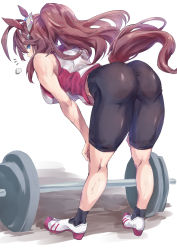 Rule 34 | 1girl, animal ears, ass, barbell, bent over, bike shorts, blue eyes, brown hair, commentary request, hairband, high ponytail, highres, horse ears, horse girl, horse tail, long hair, looking at viewer, looking back, mihono bourbon (umamusume), muscular, muscular female, sakazuki sudama, simple background, sleeveless, solo, sweat, tail, umamusume, white background