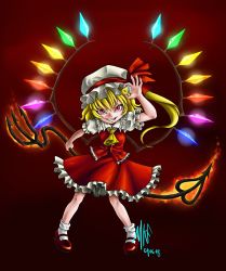 Rule 34 | &gt;:), ascot, blonde hair, coin, dress, evil grin, evil smile, fire, flandre scarlet, frills, glowing, grin, hat, laevatein, madkoifish, mary janes, ponytail, red dress, red eyes, shoes, short hair, side ponytail, simple background, slit pupils, smile, socks, solo, touhou, wings