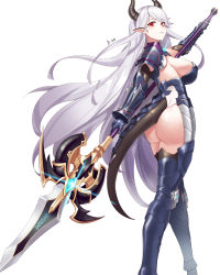 Rule 34 | 1girl, absurdres, armor, armored leotard, ass, boots, breasts, d-log, dragon girl, dragon horns, dragon tail, ear covers, epic seven, from behind, gauntlets, highres, horns, large breasts, leotard, long hair, looking at viewer, looking back, luna (epic seven), pointy ears, polearm, red eyes, shoulder armor, sideboob, smile, solo, spear, tail, tail armor, thigh boots, thighhighs, thong, thong leotard, very long hair, weapon, white hair, white leotard