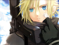 Rule 34 | 00s, 1990s (style), 1boy, adjusting clothes, bandaid, before crisis final fantasy vii, bishounen, blonde hair, blue eyes, cloud, cloud strife, crisis core final fantasy vii, exif thumbnail surprise, fantasy, final fantasy, final fantasy vii, gun, highres, hood, last order final fantasy vii, lens flare, looking at viewer, male focus, rifle, solo, upper body, wallpaper, weapon, yubinbasya